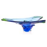 A CZECH BLUE AND GREEN ART GLASS PEDESTAL BOWL, 1980s of organic triangular outline, the underside