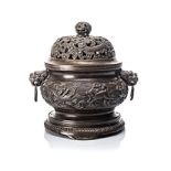 A LARGE BRONZE TWO-HANDLED CENSER, MING, 1368-1644 the globular body decorated with leaping mythical