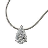 A DIAMOND PENDANT claw-set with a pear-shaped diamond weighing 2.17cts, suspended on a snake