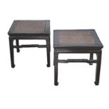 A PAIR OF CHINESE BLACK LACQUERED SIDE TABLES, 20TH CENTURY each square rattan top within a