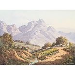 Gabriel Cornelis de Jongh (South African 1913-2004) MOUNTAINOUS LANDSCAPE signed oil on canvas 45 by
