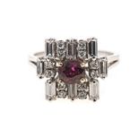 A RUBY AND DIAMOND RING the abstract design constructed by eight baguette- and twelve round