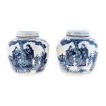 A PAIR OF CHINESE BLUE AND WHITE GINGER JARS AND COVERS each tapering ovoid body painted with a