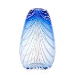 A BLUE, OPAQUE WHITE AND CLEAR-GLASS VASE, MODERN the flattened ovoid body of internal shaded blue