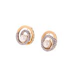 A PAIR OF PEARL AND DIAMOND EAR CLIPS each mounted with a Japanese marine pearl, within a two tone