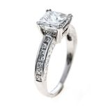 A DIAMOND RING claw-set to the centre with a square modified brilliant diamond weighing 2.0cts,