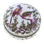 AN AUSTRIAN POWDER BOX WITH COVER transfer printed in magenta with exotic birds amongst foliage,