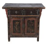 A CHINESE ELM AND PAINTED CABINET, 20TH CENTURY the rectangular top above a pair of short frieze