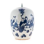 A CHINESE BLUE AND WHITE GINGER JAR AND COVER of tapering ovoid form, painted with young men playing