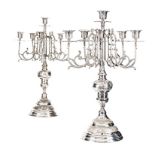 A PAIR OF MASSIVE FIVE-LIGHT FLOOR CANDELABRA, 20TH CENTURY on a circular domed base with two