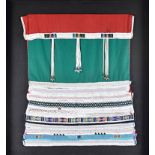 A BEADED ZULU BLANKET the blanket beaded in geometric patterns and hung with strings of beads framed