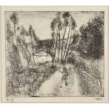 Lippy (Israel-Isaac) Lipshitz (South African 1903-1980) LANDSCAPE WITH TREES AND COTTAGE etching,