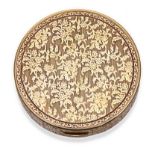 A GERMAN 14CT GOLD BOX the circular body with a hinged cover, chased with scrolling foliage and