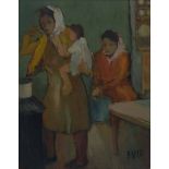 Kenneth Baker (South African 1931-1995) TWO WOMEN AND A CHILD signed oil on board 53 by 28cm