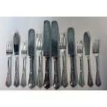 A SET OF GERMAN SILVER CUTLERY, .800 STANDARD comprising: 10 table knives, 7 table forks, 6