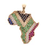 A DIAMOND AND GEM-STONE PENDANT in the form of the African continent, set with rubies, white and