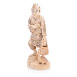 A JAPANESE CARVED IVORY FIGURE OF A FARMER FEEDING A GOOSE, MEIJI, 1868-1912 NOT SUITABLE FOR EXPORT