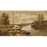 Continental School ( 19th Century-) RIVER SCENE WITH BOATS indistinctly signed and dated 1889 oil on