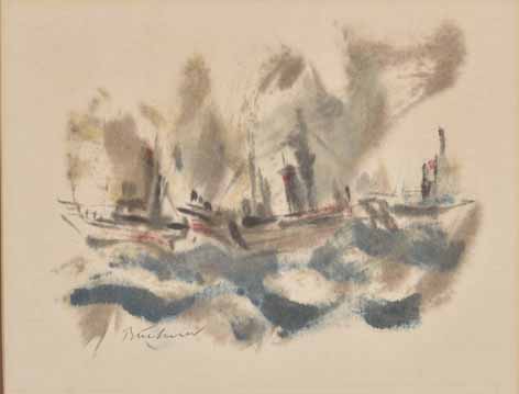 Carl Adolph Büchner (South African 1921-2003) SHIPS AT SEA signed mixed media on paper 28 by 37cm