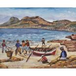 Leon Paul de Bliquy (South African 1943-) FISHERMAN AT WORK signed and dated 1961 oil on board 39 by