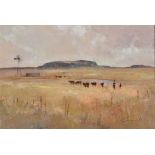 Christopher Tugwell (South African 1938-) CATTLE ALONGSIDE A WATERING HOLE signed oil on board 34 by