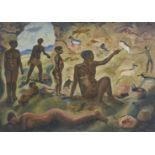 Reginald Turvey (South African 1882-1968) ROCK PAINTERS SCENE signed oil on board 47 by 57cm