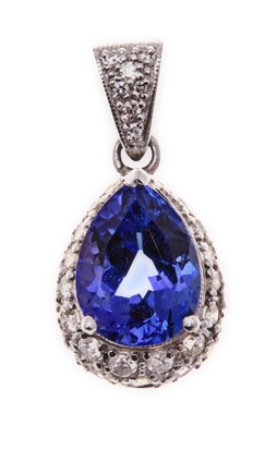 A TANZANITE AND DIAMOND PENDANT centred with a mixed-cut pear-shaped tanzanite weighing 4.67cts, the