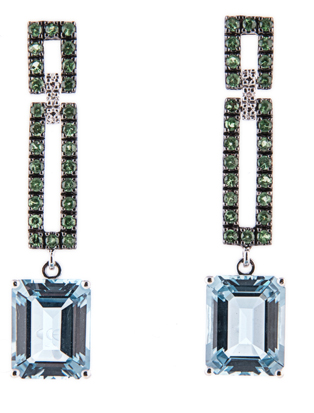 A PAIR OF BLUE TOPAZ AND TSAVORITE PENDANT EARRINGS each double openwork rectangular surmount set