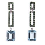 A PAIR OF BLUE TOPAZ AND TSAVORITE PENDANT EARRINGS each double openwork rectangular surmount set