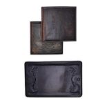A CHINESE SCHOLAR'S INKSTONE AND HARDWOOD CASE, 19TH CENTURY square, the stone carved with a