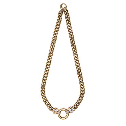 A 9CT GOLD AND DIAMOND NECKLACE, JENNA CLIFFORD the curb-link chain, centred with a circular ring