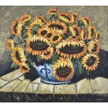 Hennie Griesel (South African 1931-) SUNFLOWERS IN A BLUE POT signed oil on board 90 by 100cm