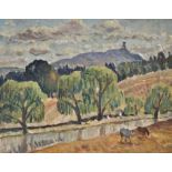 Reginald Turvey (South African 1882-1968) HORSES GRAZING BESIDE A RIVER oil on board 34 by 44cm