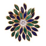 AN ENAMEL AND DIAMOND BROOCH comprised of two layers of flexible alternating green and blue enamel