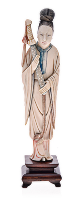 A CHINESE CARVED STAINED IVORY FIGURE OF MU GUIYING, LATE 19TH CENTURY NOT SUITABLE FOR EXPORT the