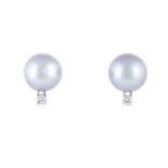 A PAIR OF PEARL AND DIAMOND EAR STUDS each set with a grey pearl measuring approximately 10mm in