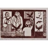 Peter Clarke (South African 1929-2014) BOYS STRUGGLING WITH ESCAPING BIRDS woodcut printed in