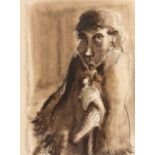 Iris Ampenberger (South African 1916-1981) WOMAN WITH CANE signed watercolour and charcoal on