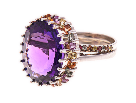 AN AMETHYST AND COLOURED GEM-STONES RING the band comprised of two overlapping teardrop shapes,