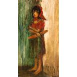 Fleur Ferri (South African 1926-2004) GIRL WITH BAGUETTE signed and dated 67 oil on board 87 by 47cm