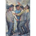 Kenneth Baker (South African 1931-1995) FIVE MEN IN CONVERSATION signed oil on board 60 by 41cm