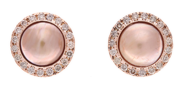 A PAIR OF MABE PEARL AND DIAMOND EAR STUDS each rose gold setting centred with a pink mabe pearl