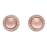 A PAIR OF MABE PEARL AND DIAMOND EAR STUDS each rose gold setting centred with a pink mabe pearl