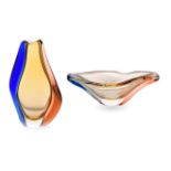 A BLUE, AMBER AND ORANGE MSTISOV GLASSWORKS VASE AND BOWL DESIGNED BY HANA MACHOVSKA, 1961 pattern