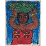 Billy Mandindi (South African 1967 -) WOMAN HOLDING FISH signed oil on canvas 54 by 46cm