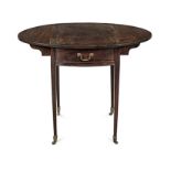 A GEORGE III MAHOGANY PEMBROKE TABLE the hinged oval top above a frieze drawer and opposing dummy