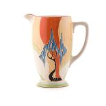 A CLARICE CLIFF ‘WINDBELLS’ PATTERN JUG, 1933 – 1934 painted with a black stemmed tree with blue