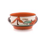 A CLARICE CLIFF ‘TREES AND HOUSE’ PATTERN BOWL, 1930s the exterior painted with a landscape of a