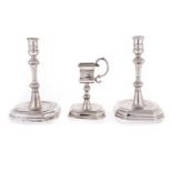 A PAIR OF DUTCH SILVER CANDLESTICKS AND MATCHING SNUFF STAND, MARKS INDISTINCT, CIRCA 1734 the