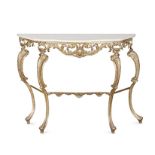 A GILT-METAL MARBLE-TOPPED CONSOLE TABLE, EARLY 20TH CENTURY the shaped marble top above a pierced